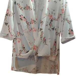New York & Company Light Blue Floral Wrap Tunic with Pink Roses